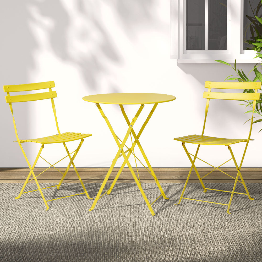 Outdoor Chairs: Gardeon 3PC Outdoor Bistro Set Steel Table and Chairs Patio Furniture Yellow