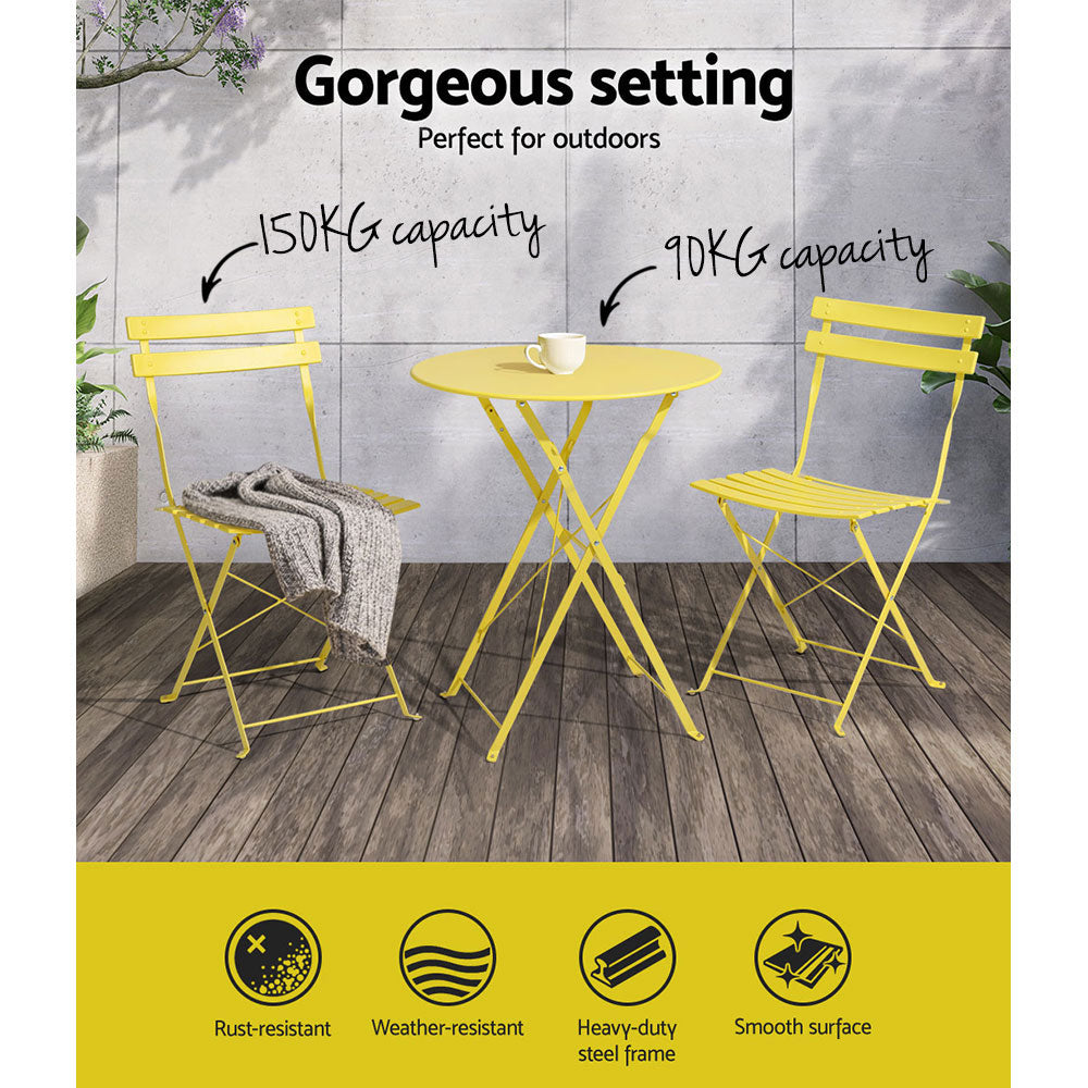 Outdoor Chairs: Gardeon 3PC Outdoor Bistro Set Steel Table and Chairs Patio Furniture Yellow