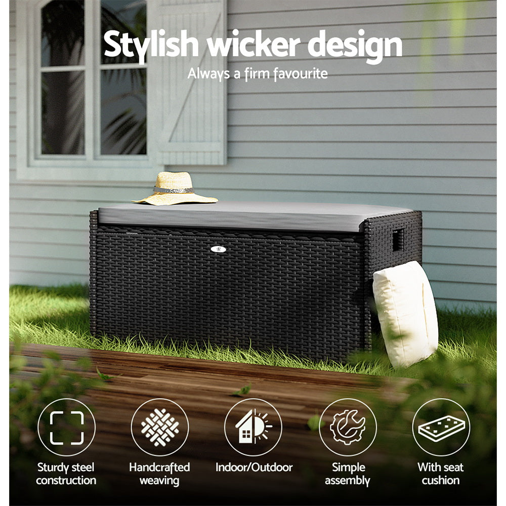 Outdoor Chairs: Gardeon Outdoor Storage Bench Box Wicker Garden Sheds Tools Cushion Patio Furniture Black