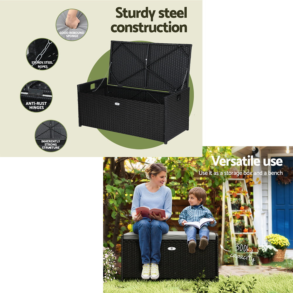 Outdoor Chairs: Gardeon Outdoor Storage Bench Box Wicker Garden Sheds Tools Cushion Patio Furniture Black