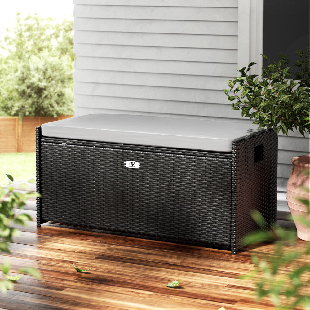 Outdoor Chairs: Gardeon Outdoor Storage Bench Box Wicker Garden Sheds Tools Cushion Patio Furniture Black