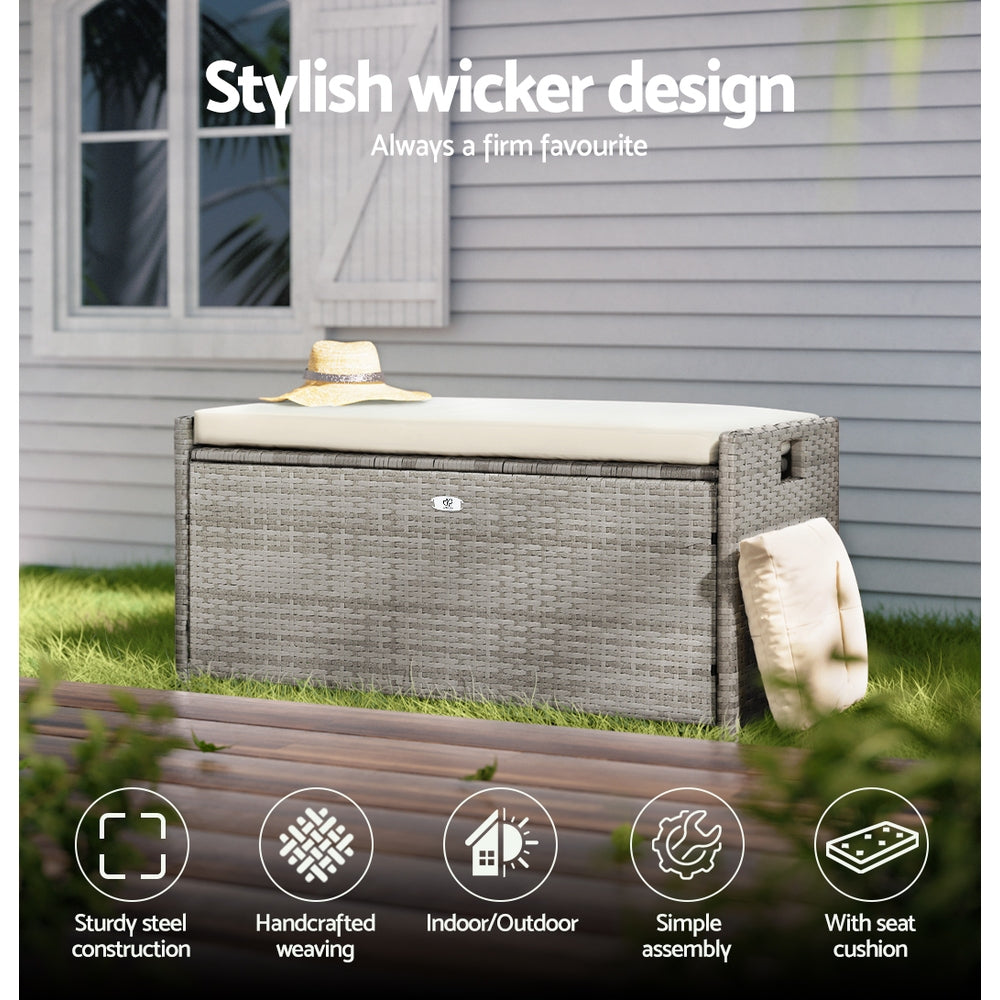 Outdoor Chairs: Gardeon Outdoor Storage Bench Box Wicker Garden Sheds Tools Cushion Patio Furniture Grey
