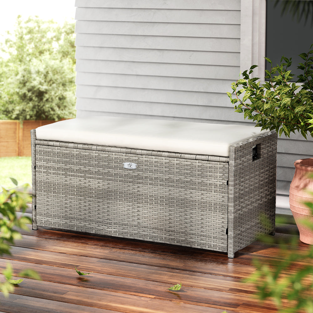 Outdoor Chairs: Gardeon Outdoor Storage Bench Box Wicker Garden Sheds Tools Cushion Patio Furniture Grey