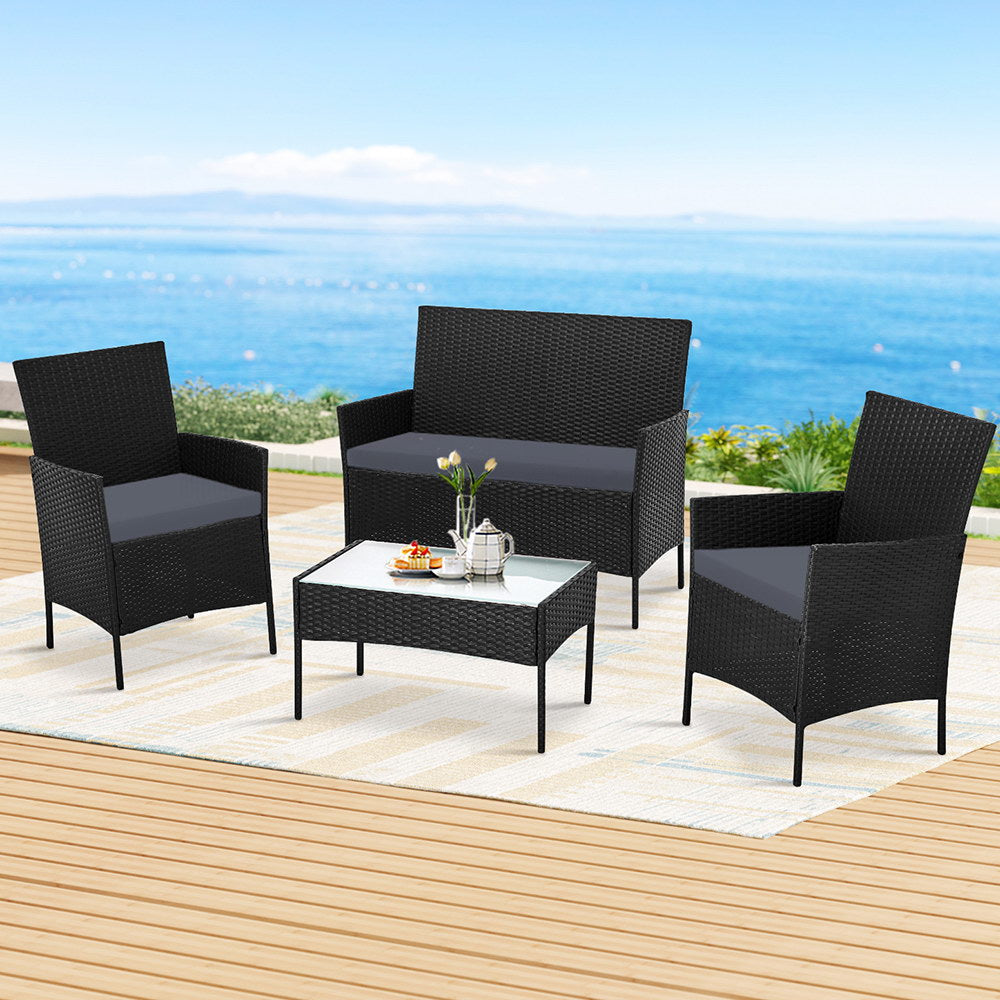 Outdoor Chairs: Gardeon 4 Seater Outdoor Sofa Set Wicker Setting Table Chair Furniture Black