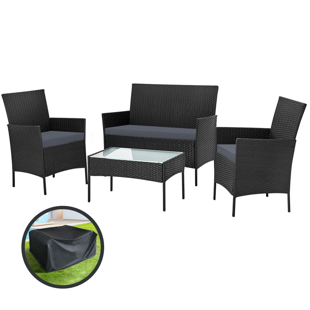 Arm Chairs & Recliners: Gardeon 4 Seater Outdoor Sofa Set with Storage Cover Wicker Table Chair Black