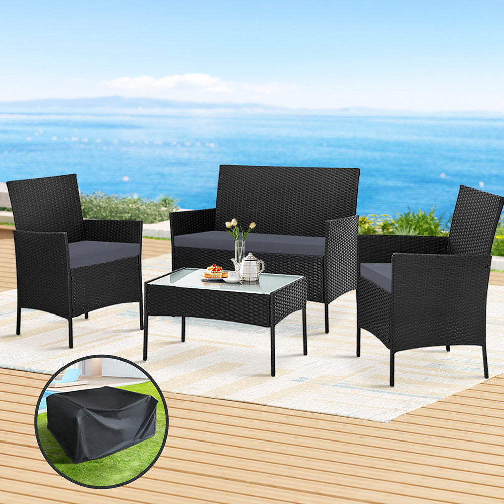 Arm Chairs & Recliners: Gardeon 4 Seater Outdoor Sofa Set with Storage Cover Wicker Table Chair Black