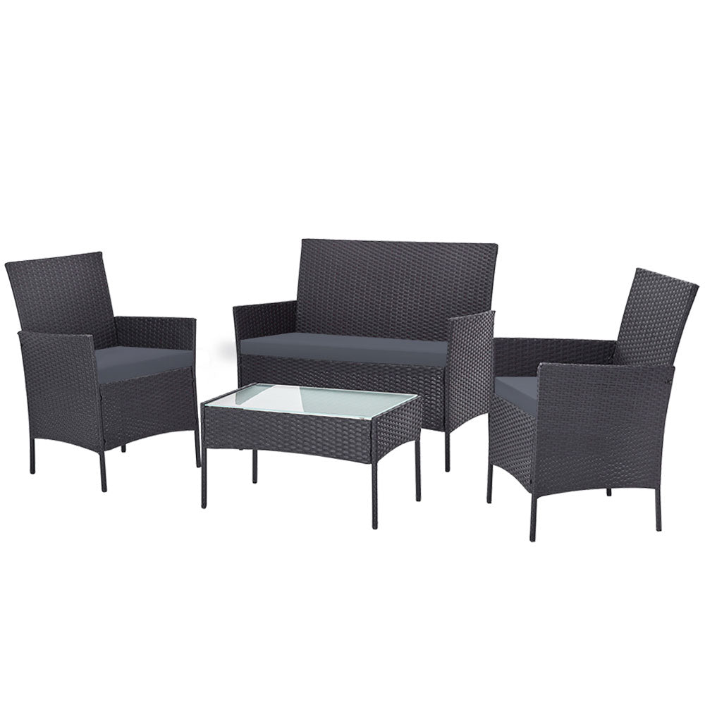 Outdoor Chairs: Gardeon 4 Seater Outdoor Sofa Set with Storage Cover Wicker Table Chair DarkGrey