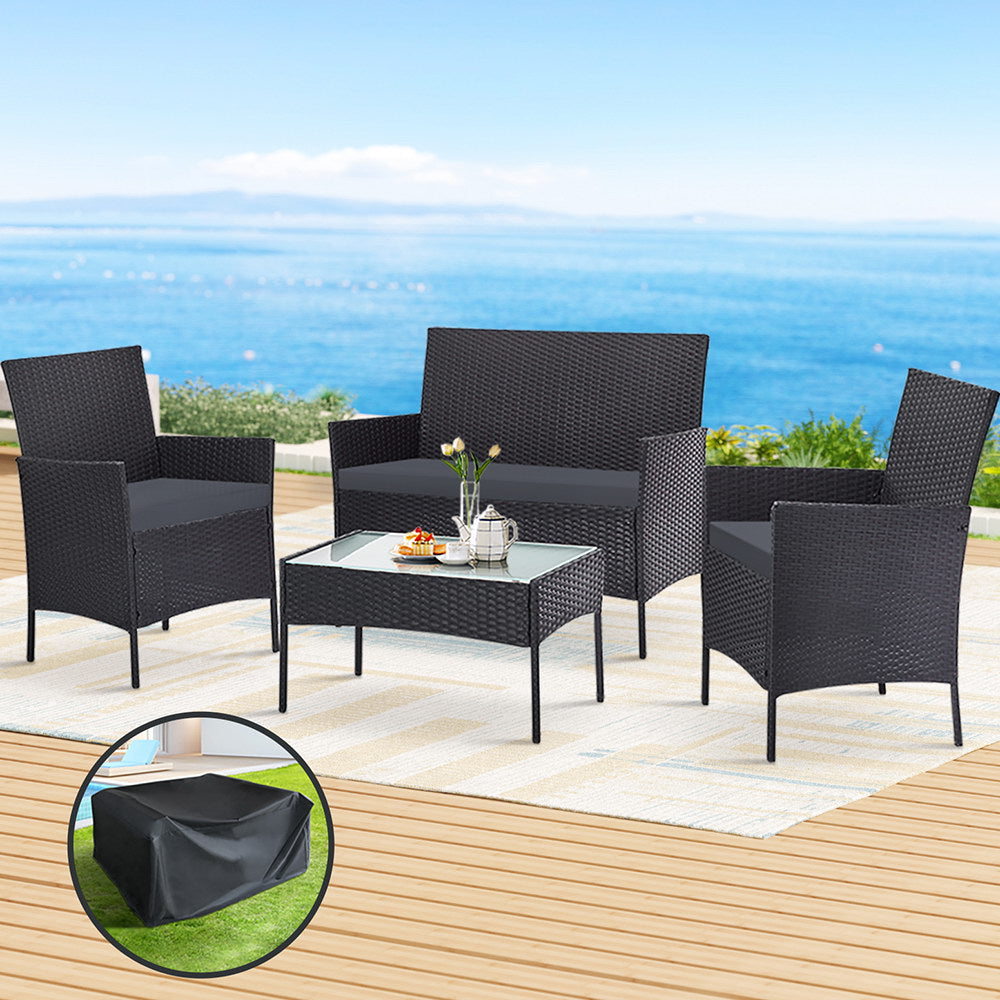 Outdoor Chairs: Gardeon 4 Seater Outdoor Sofa Set with Storage Cover Wicker Table Chair DarkGrey