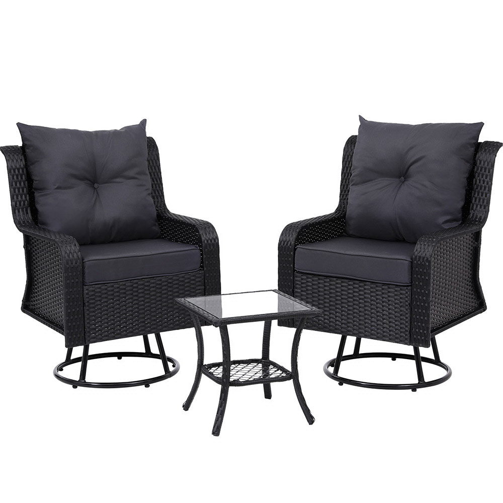 Outdoor Chairs: Gardeon 3PC Outdoor Furniture Bistro Set Lounge Wicker Swivel Chairs Table Cushion Black
