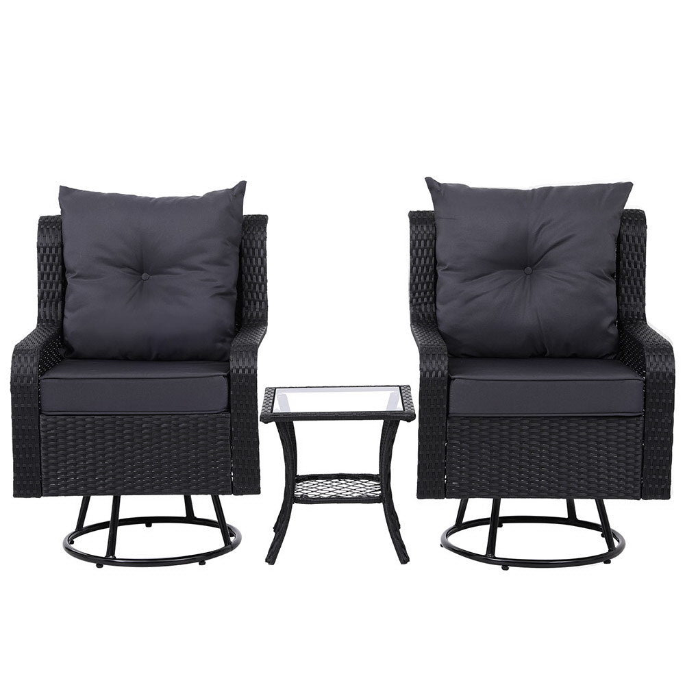 Outdoor Chairs: Gardeon 3PC Outdoor Furniture Bistro Set Lounge Wicker Swivel Chairs Table Cushion Black