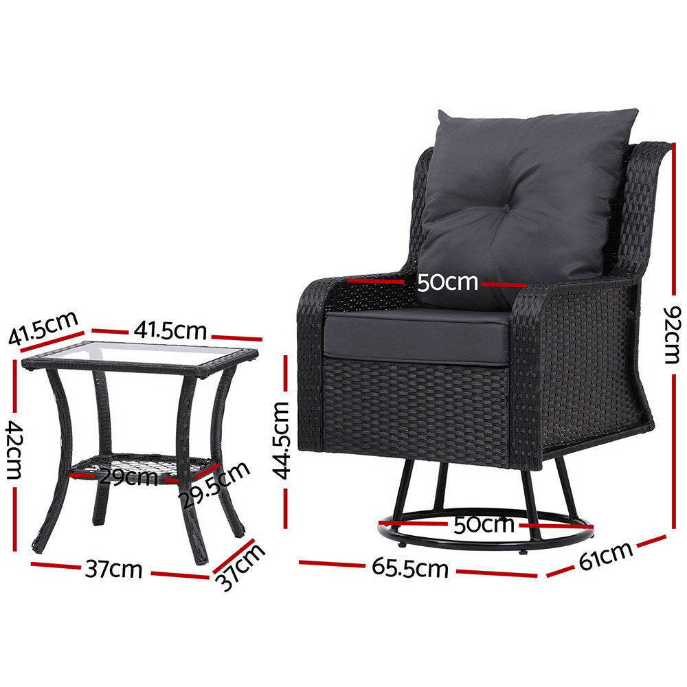 Outdoor Chairs: Gardeon 3PC Outdoor Furniture Bistro Set Lounge Wicker Swivel Chairs Table Cushion Black