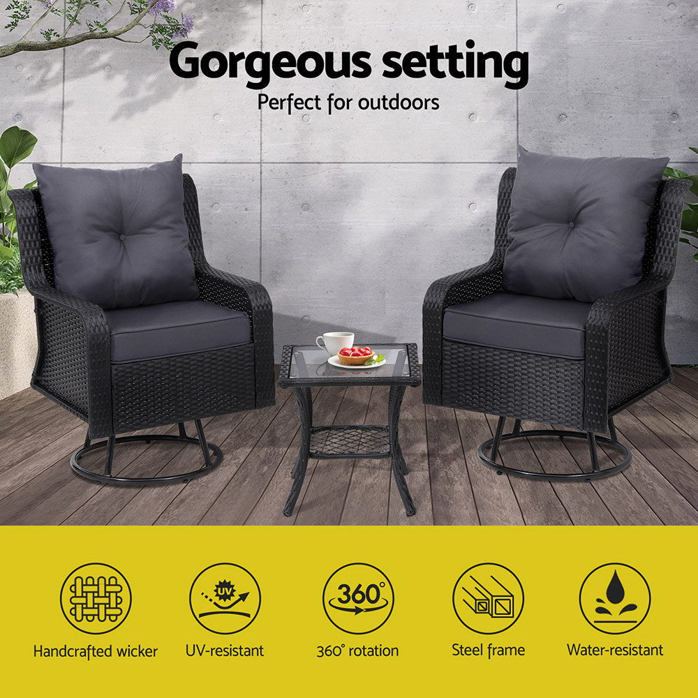 Outdoor Chairs: Gardeon 3PC Outdoor Furniture Bistro Set Lounge Wicker Swivel Chairs Table Cushion Black