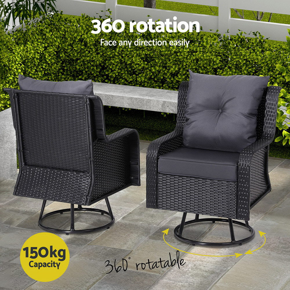 Outdoor Chairs: Gardeon 3PC Outdoor Furniture Bistro Set Lounge Wicker Swivel Chairs Table Cushion Black