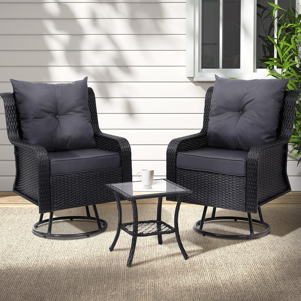 Outdoor Chairs: Gardeon 3PC Outdoor Furniture Bistro Set Lounge Wicker Swivel Chairs Table Cushion Black