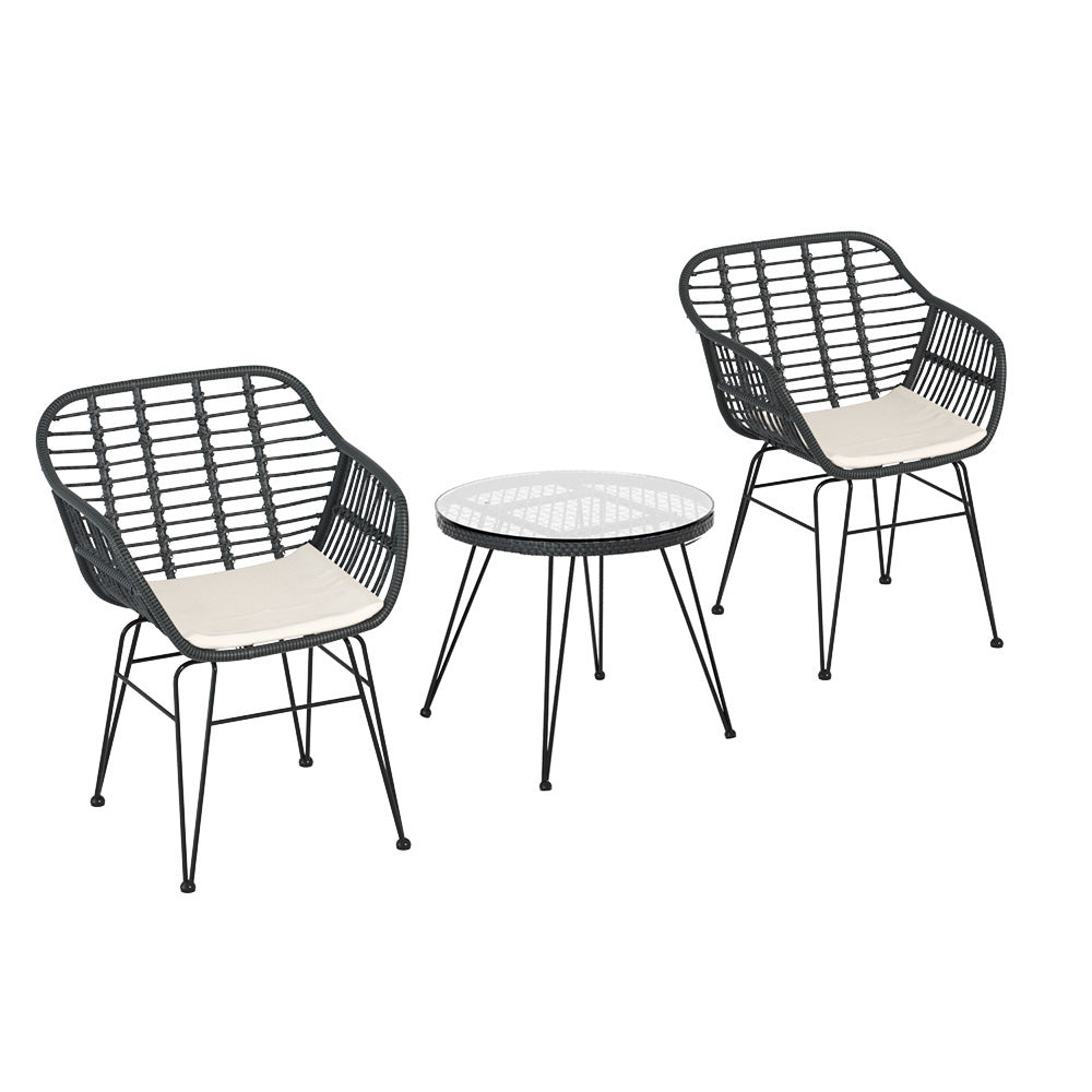 Outdoor Sofas & Lounge Sets: Gardeon 3PC Outdoor Furniture Bistro Set Lounge Setting Table Chairs Cushion Patio Grey