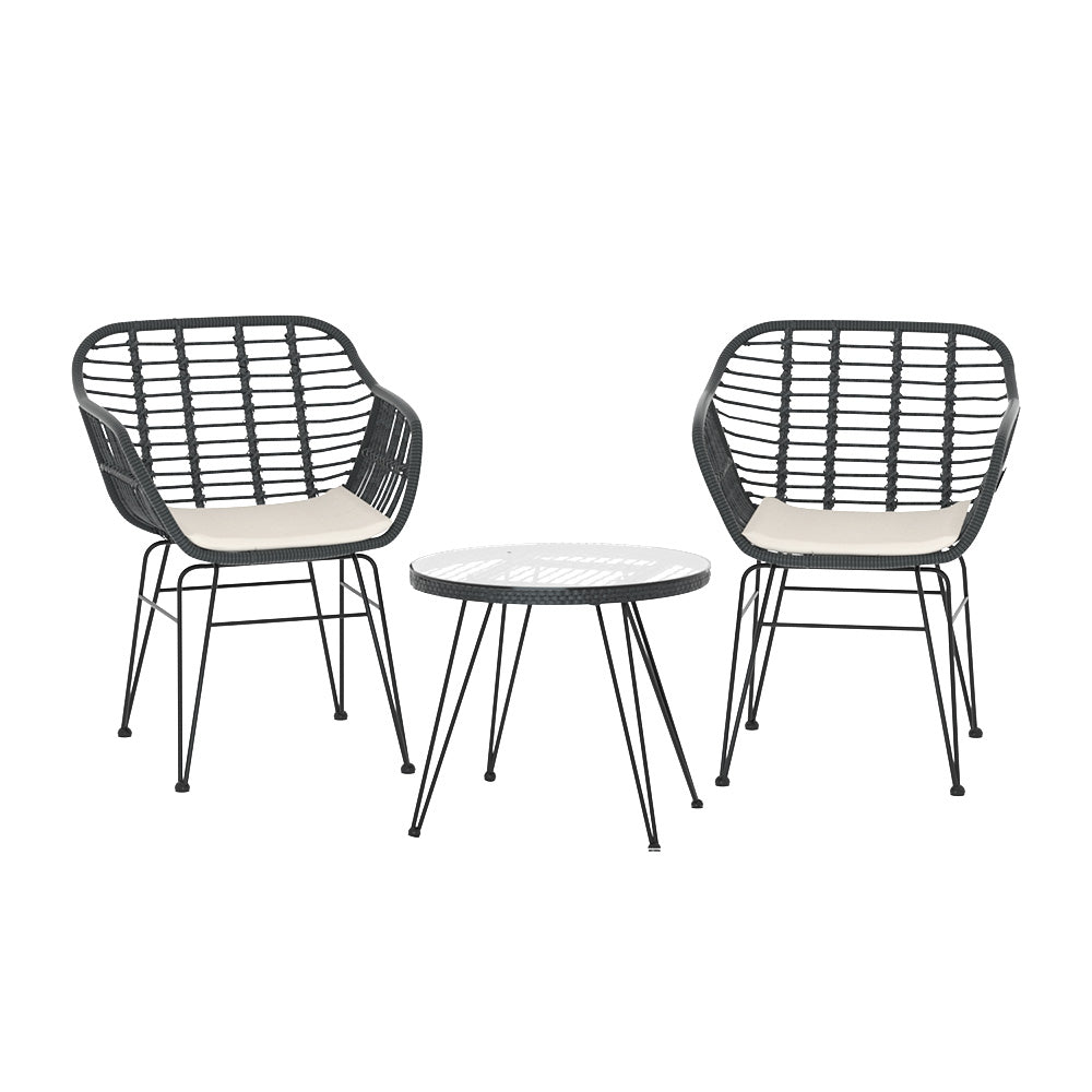 Outdoor Sofas & Lounge Sets: Gardeon 3PC Outdoor Furniture Bistro Set Lounge Setting Table Chairs Cushion Patio Grey