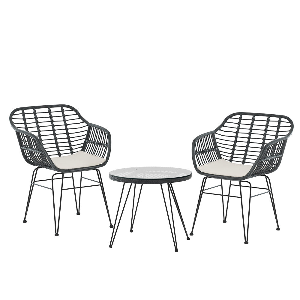 Outdoor Sofas & Lounge Sets: Gardeon 3PC Outdoor Furniture Bistro Set Lounge Setting Table Chairs Cushion Patio Grey
