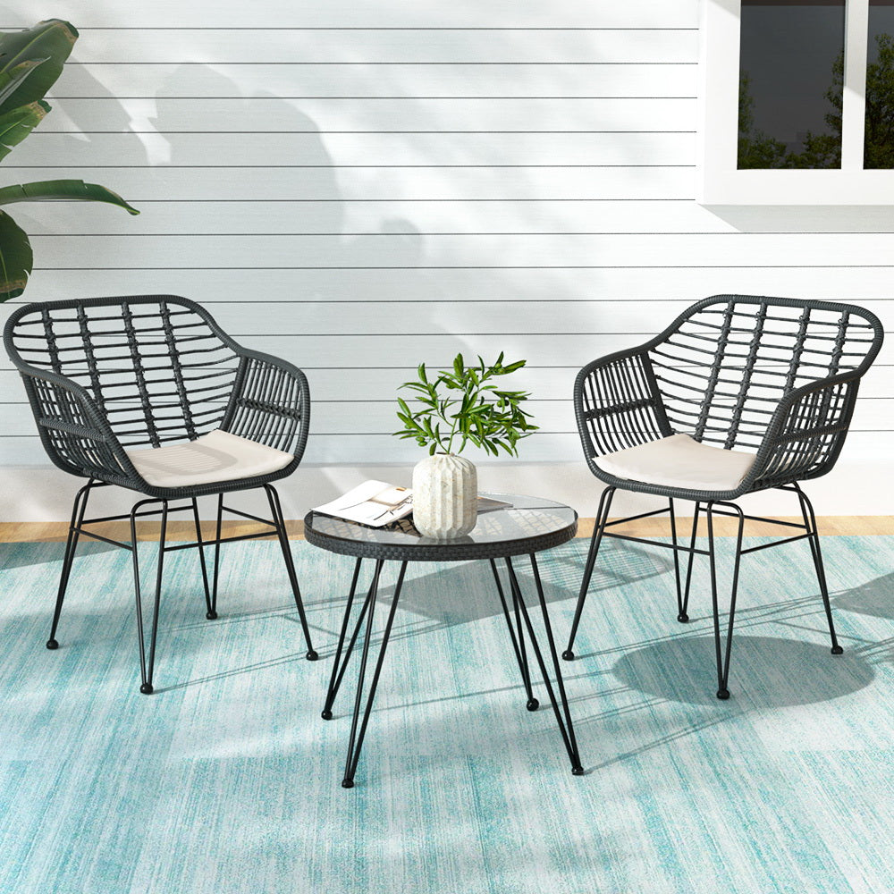 Outdoor Sofas & Lounge Sets: Gardeon 3PC Outdoor Furniture Bistro Set Lounge Setting Table Chairs Cushion Patio Grey