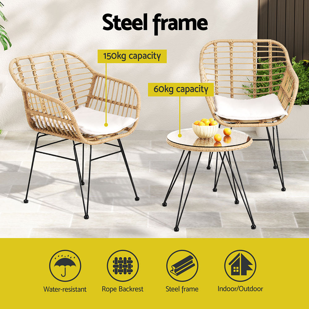 Outdoor Sofas & Lounge Sets: Gardeon 3PC Outdoor Furniture Bistro Set Lounge Setting Table Chairs Cushion Patio Grey