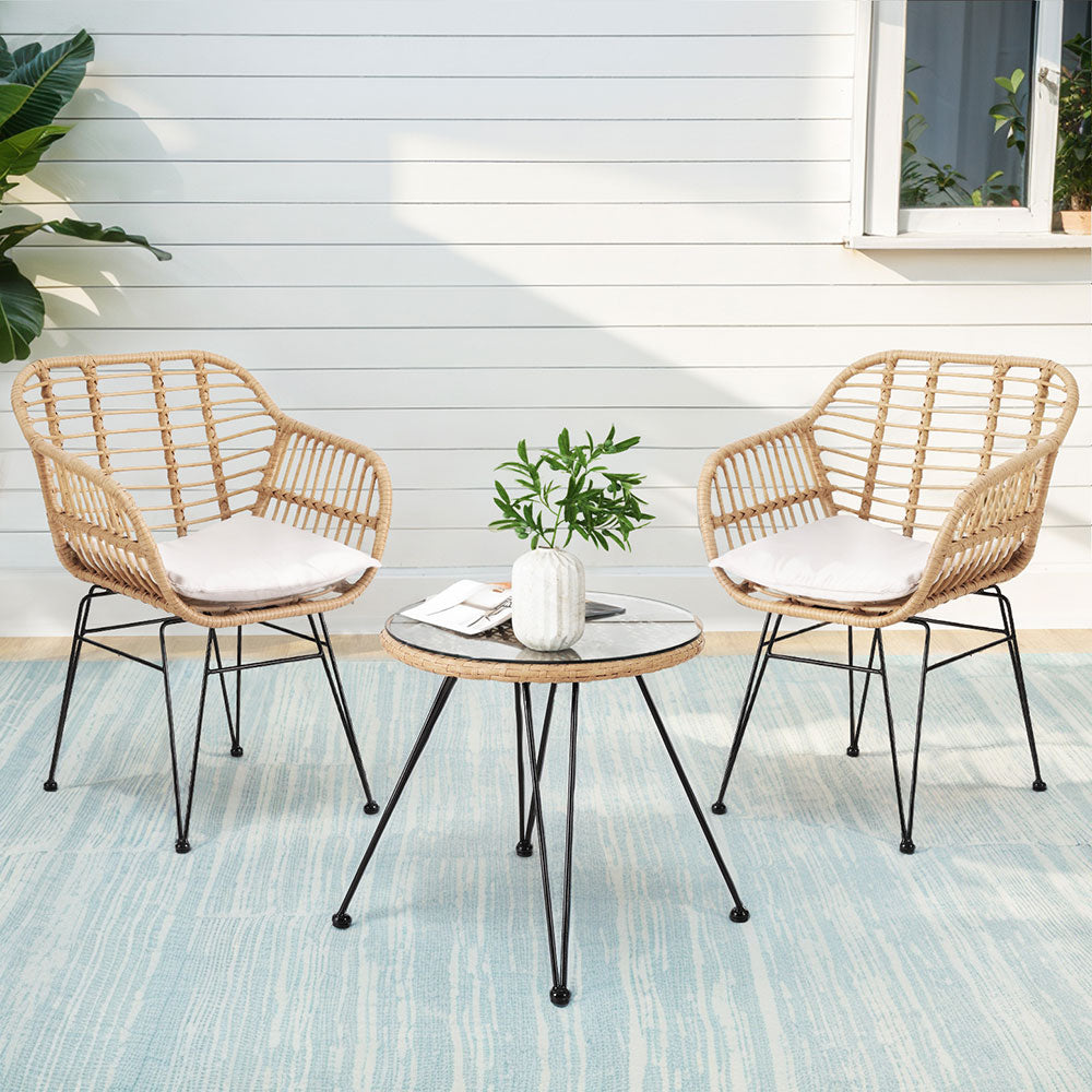 Outdoor Sofas & Lounge Sets: Gardeon 3PC Outdoor Furniture Bistro Set Lounge Setting Table Chairs Cushion Patio Grey