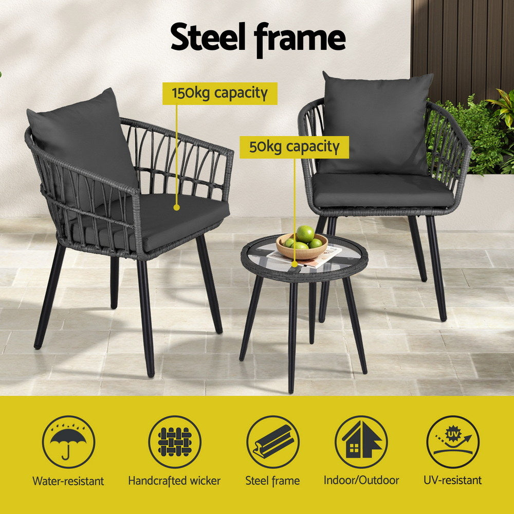 Outdoor Sofas & Lounge Sets: Gardeon 3PC Outdoor Bistro Set Patio Furniture Lounge Setting Table and Chairs Grey