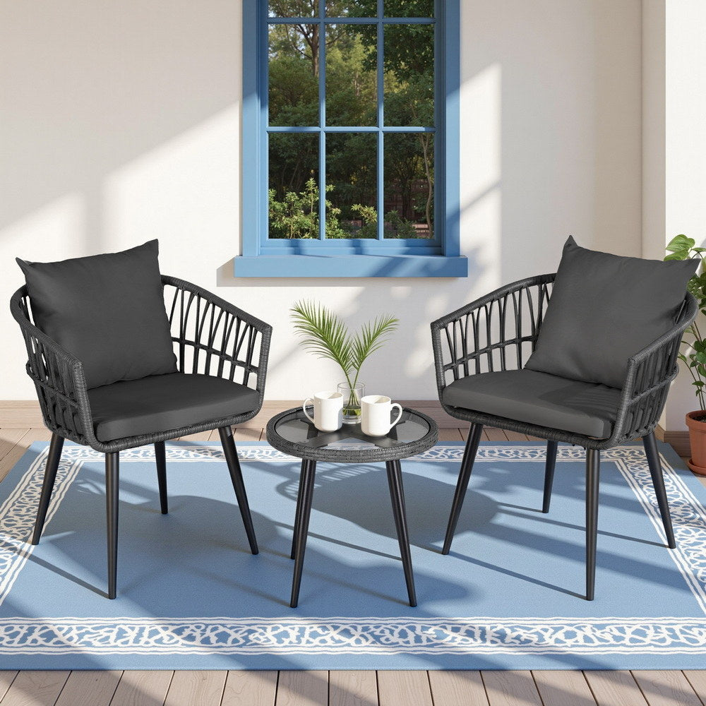 Outdoor Sofas & Lounge Sets: Gardeon 3PC Outdoor Bistro Set Patio Furniture Lounge Setting Table and Chairs Grey