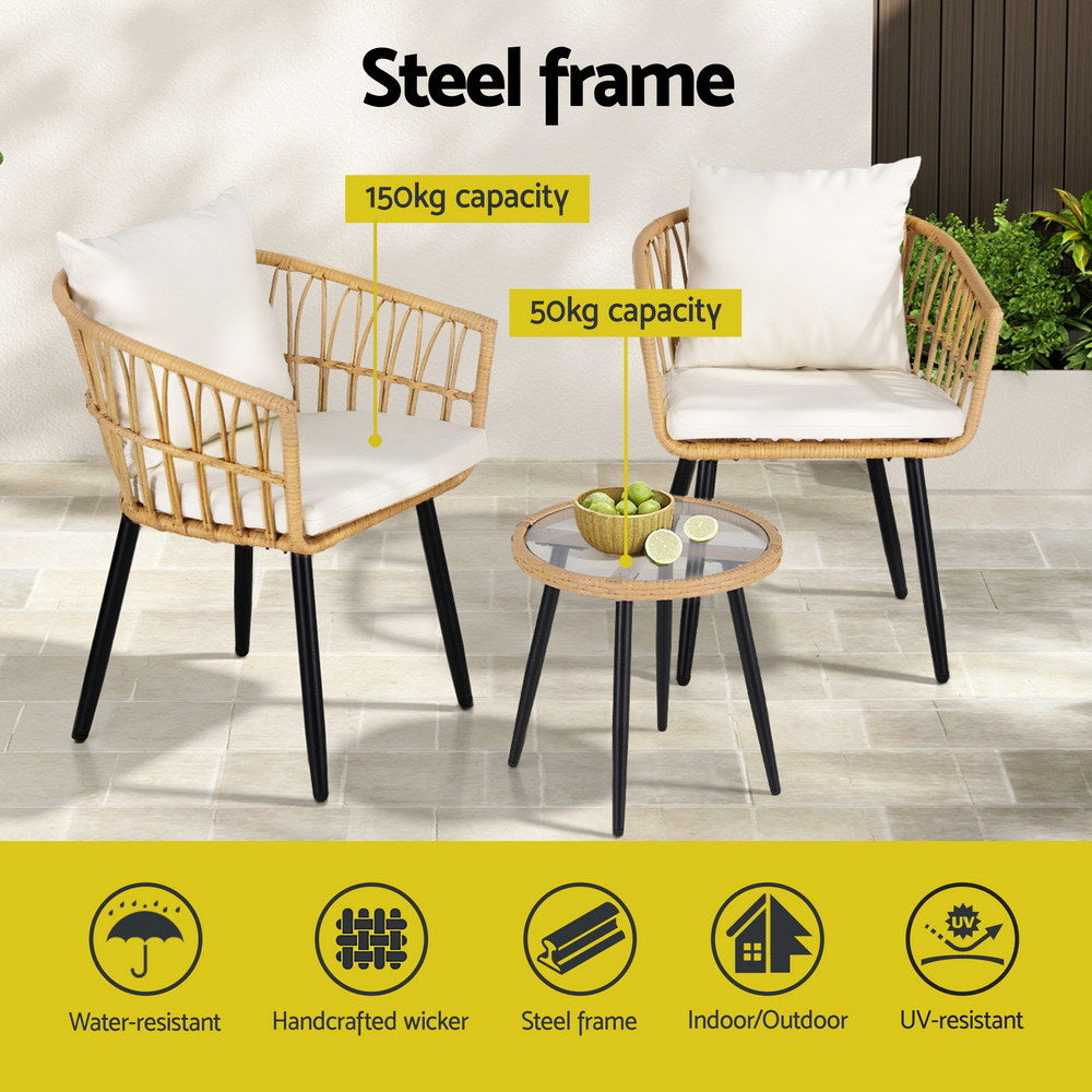 Outdoor Sofas & Lounge Sets: Gardeon 3PC Outdoor Bistro Set Patio Furniture Lounge Setting Table and Chairs Natural