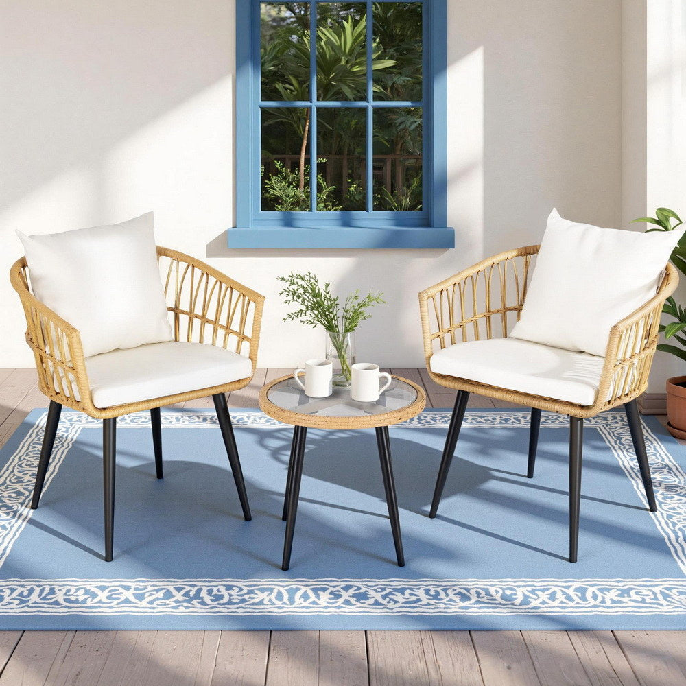 Outdoor Sofas & Lounge Sets: Gardeon 3PC Outdoor Bistro Set Patio Furniture Lounge Setting Table and Chairs Natural