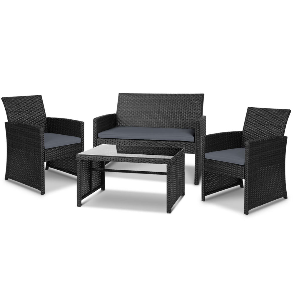 Outdoor Chairs: Gardeon 4 PCS Outdoor Sofa Set Rattan Chair Table Setting Garden Furniture Black
