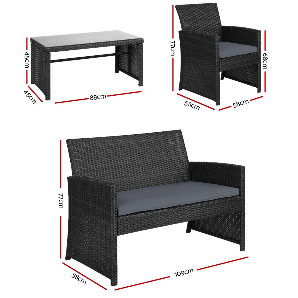 Outdoor Chairs: Gardeon 4 PCS Outdoor Sofa Set Rattan Chair Table Setting Garden Furniture Black