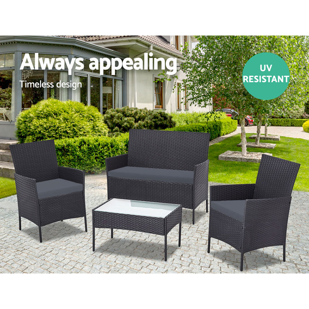 Outdoor Chairs: Gardeon 4 PCS Outdoor Sofa Set Rattan Chair Table Setting Garden Furniture Black
