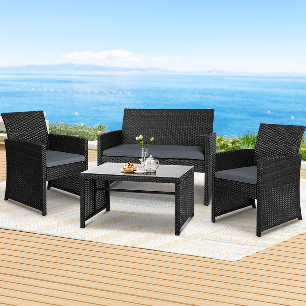 Outdoor Chairs: Gardeon 4 PCS Outdoor Sofa Set Rattan Chair Table Setting Garden Furniture Black