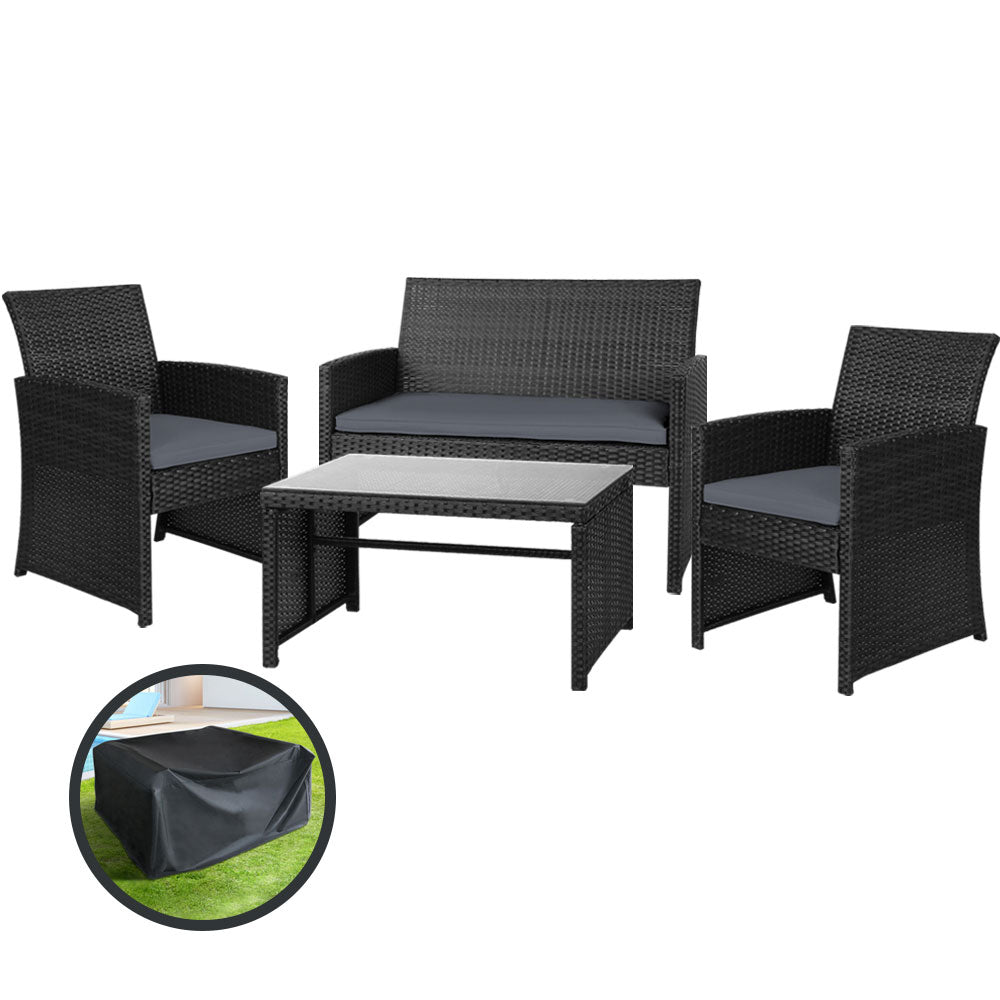 Outdoor Chairs: Gardeon 4 PCS Outdoor Sofa Set with Storage Cover Rattan Chair Furniture Black