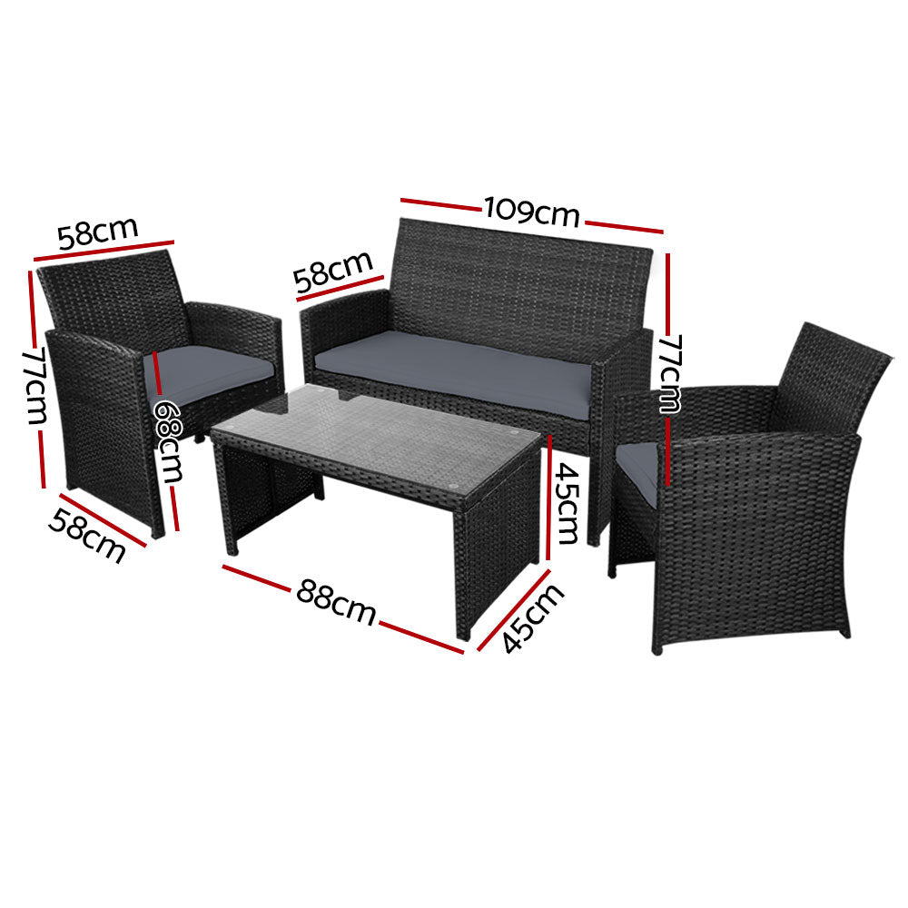 Outdoor Chairs: Gardeon 4 PCS Outdoor Sofa Set with Storage Cover Rattan Chair Furniture Black