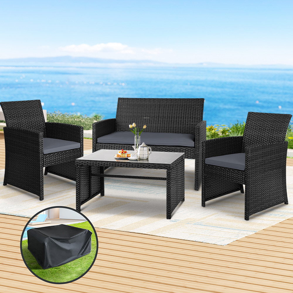 Outdoor Chairs: Gardeon 4 PCS Outdoor Sofa Set with Storage Cover Rattan Chair Furniture Black