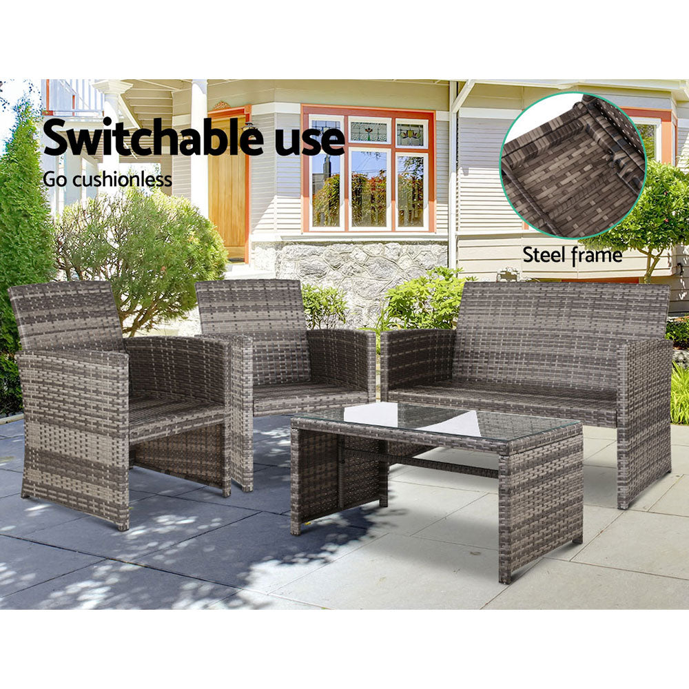 Outdoor Chairs: Gardeon 4 PCS Outdoor Sofa Set Rattan Chair Table Setting Garden Furniture Grey