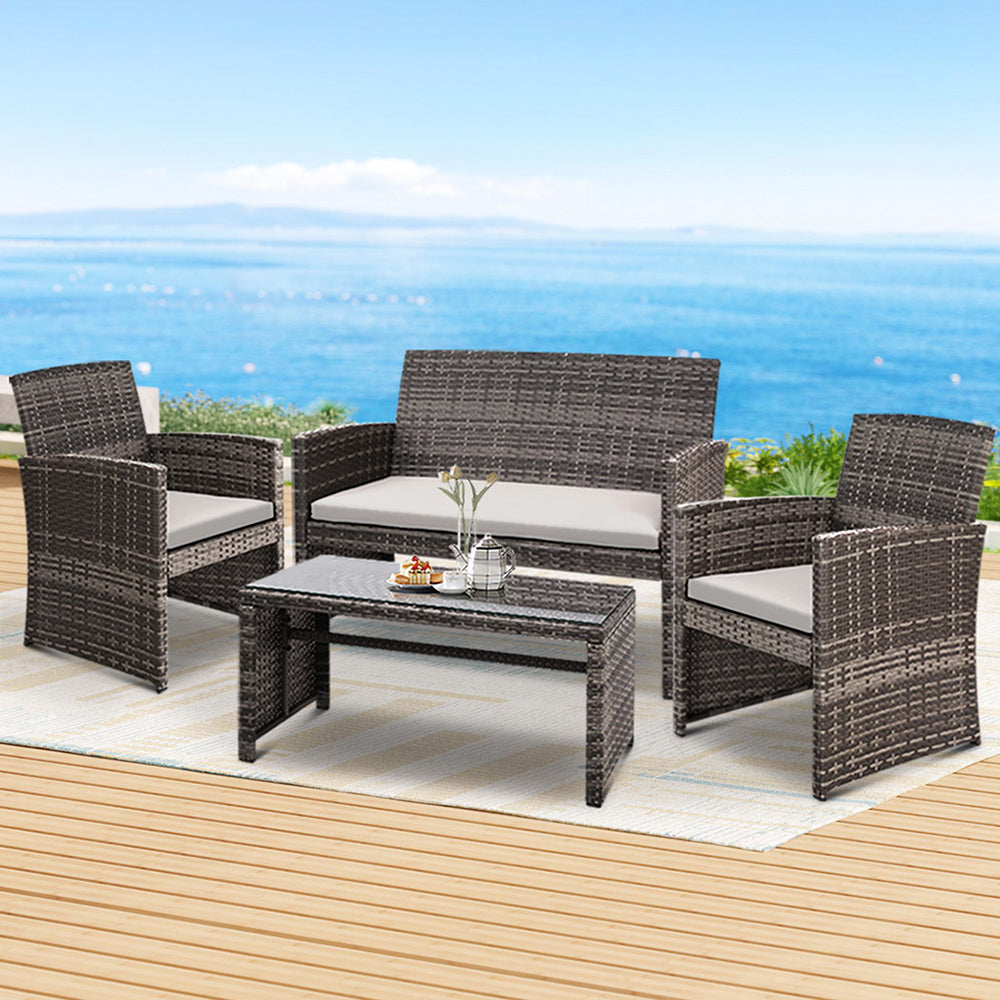 Outdoor Chairs: Gardeon 4 PCS Outdoor Sofa Set Rattan Chair Table Setting Garden Furniture Grey