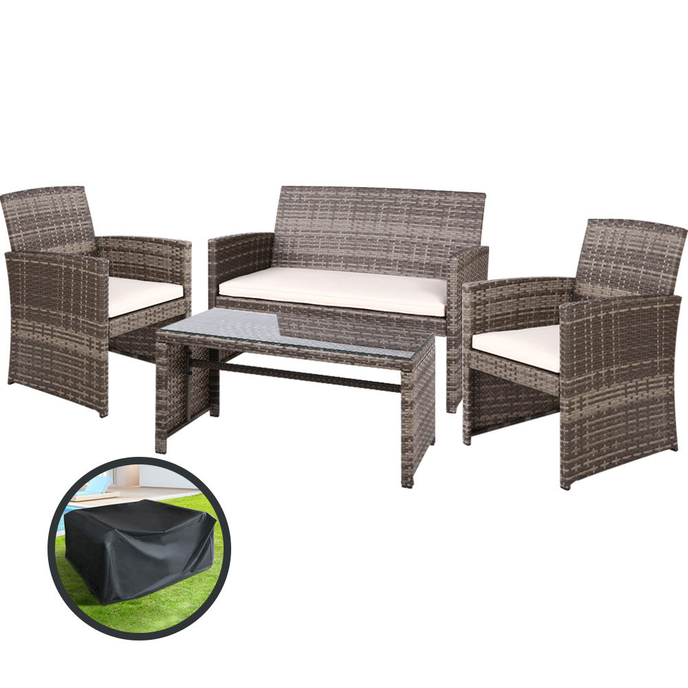Outdoor Chairs: Gardeon 4 PCS Outdoor Sofa Set with Storage Cover Rattan Chair Furniture Grey