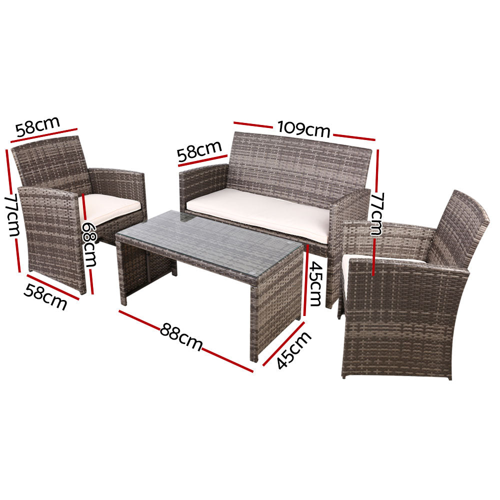 Outdoor Chairs: Gardeon 4 PCS Outdoor Sofa Set with Storage Cover Rattan Chair Furniture Grey