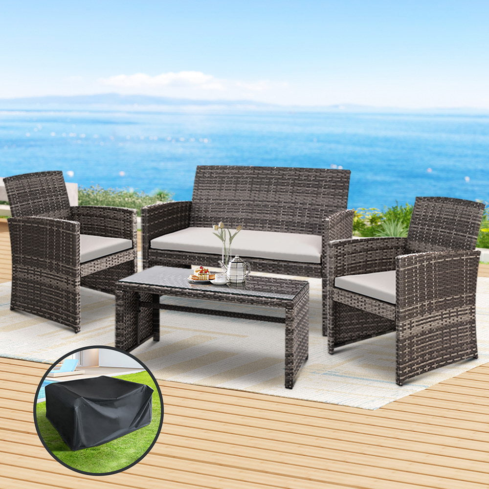 Outdoor Chairs: Gardeon 4 PCS Outdoor Sofa Set with Storage Cover Rattan Chair Furniture Grey