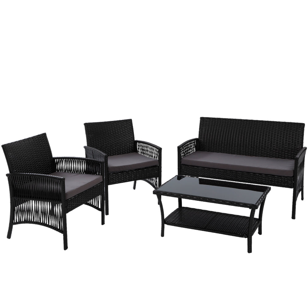 Arm Chairs & Recliners: Gardeon 4PCS Outdoor Sofa Set Wicker Harp Chair Table Garden Furniture Black
