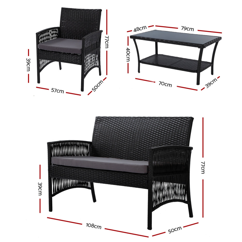 Arm Chairs & Recliners: Gardeon 4PCS Outdoor Sofa Set Wicker Harp Chair Table Garden Furniture Black