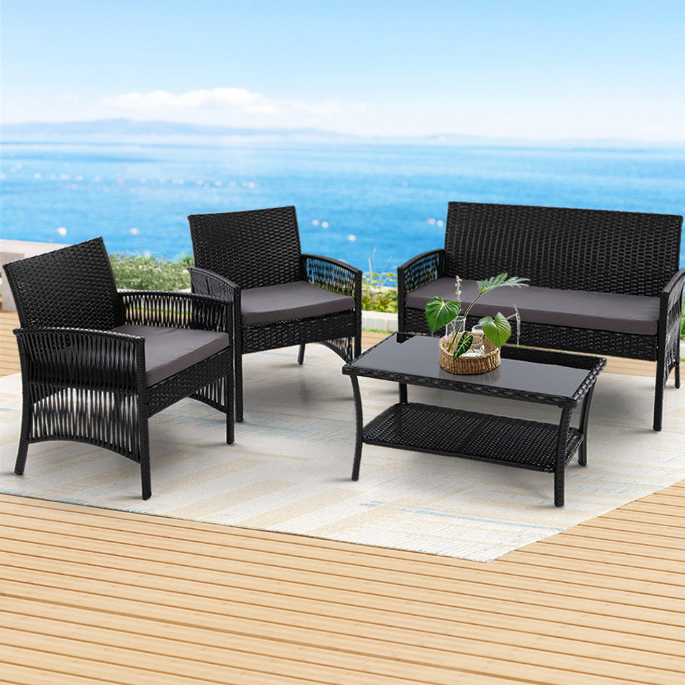 Arm Chairs & Recliners: Gardeon 4PCS Outdoor Sofa Set Wicker Harp Chair Table Garden Furniture Black