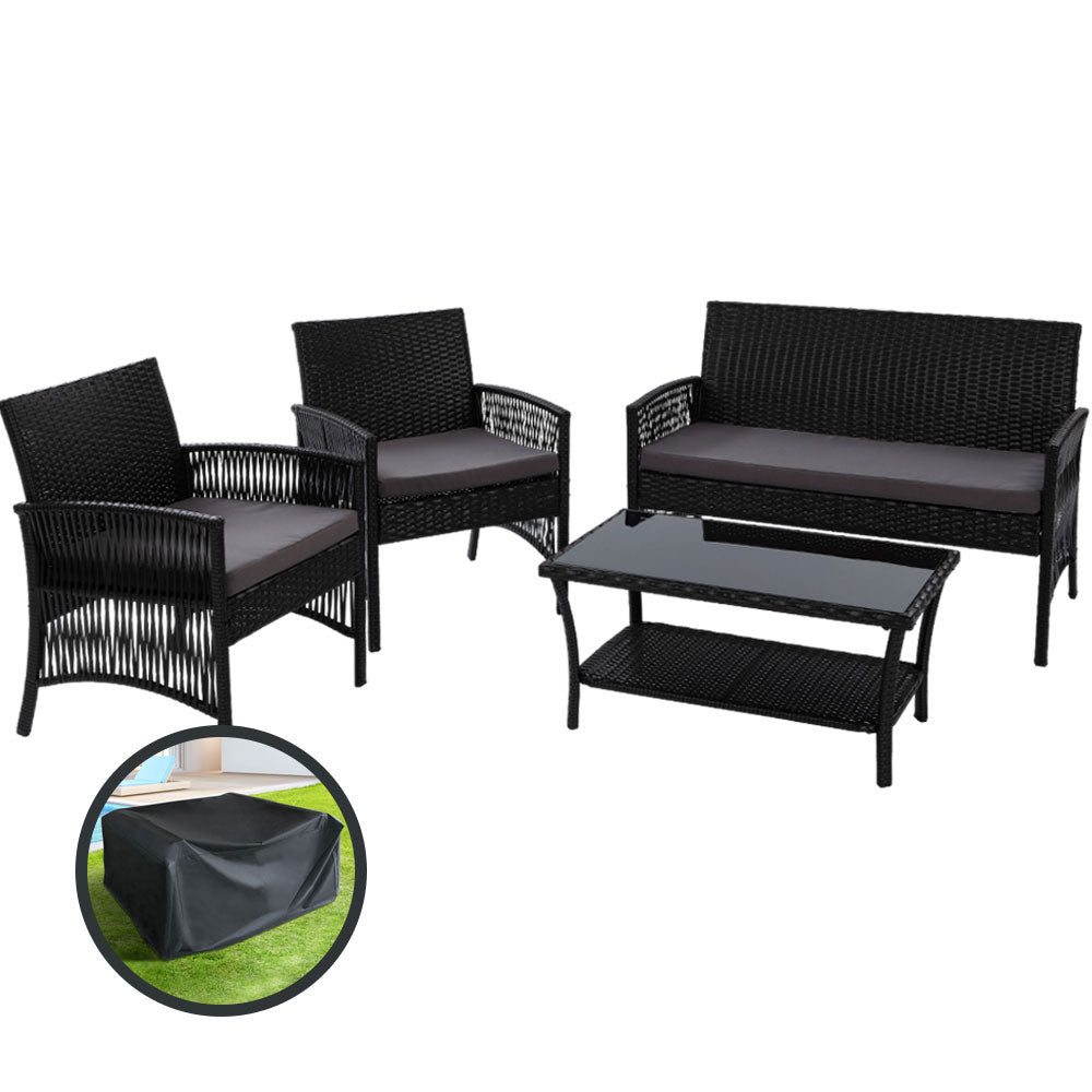 Outdoor Sofas & Lounge Sets: Gardeon 4PCS OutdoorSofa Set with Storage Cover Wicker Harp Chair Table Black