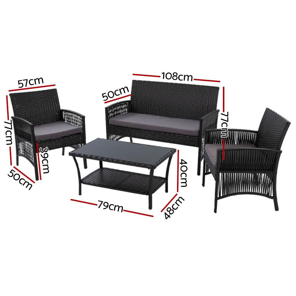 Outdoor Sofas & Lounge Sets: Gardeon 4PCS OutdoorSofa Set with Storage Cover Wicker Harp Chair Table Black