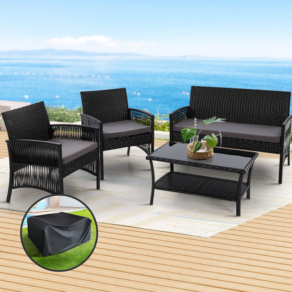 Outdoor Sofas & Lounge Sets: Gardeon 4PCS OutdoorSofa Set with Storage Cover Wicker Harp Chair Table Black