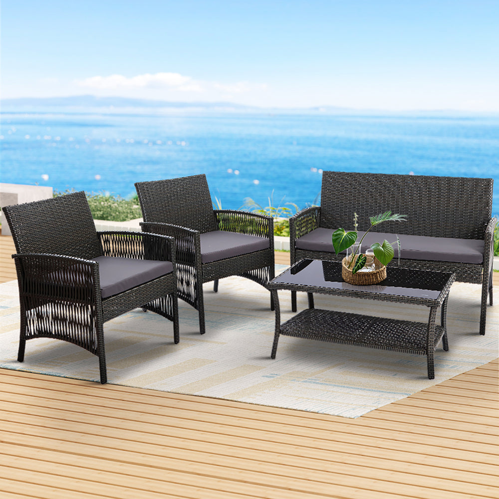 Outdoor Chairs: Gardeon 4PCS Outdoor Sofa Set Wicker Harp Chair Table Garden Furniture Grey