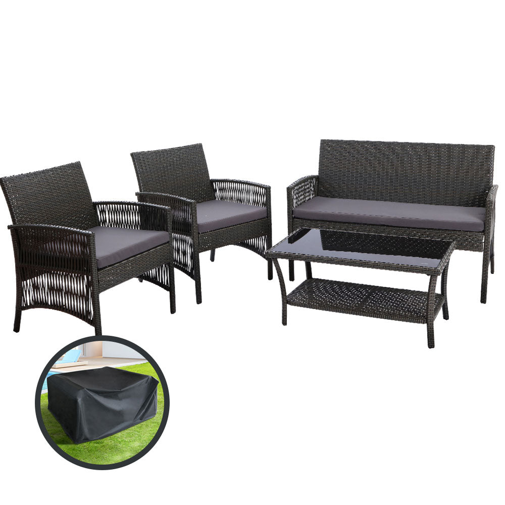 Arm Chairs & Recliners: Gardeon 4PCS Outdoor Sofa Set with Storage Cover Wicker Harp Chair Table Grey