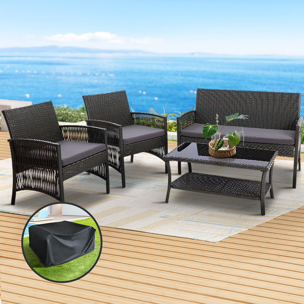 Arm Chairs & Recliners: Gardeon 4PCS Outdoor Sofa Set with Storage Cover Wicker Harp Chair Table Grey