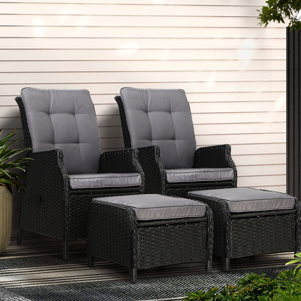 Outdoor Chairs: Gardeon 2PC Recliner Chair Sun lounge Wicker Lounger Outdoor Furniture Adjustable Black